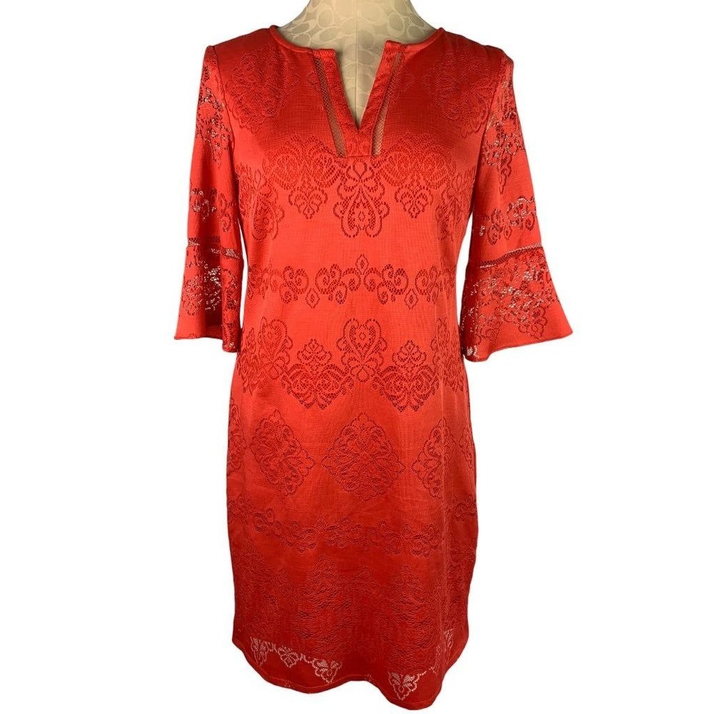 6 Dressbarn Bright Coral Stretch Lace Sheath Dress Bell‎ Sleeve Back Zip